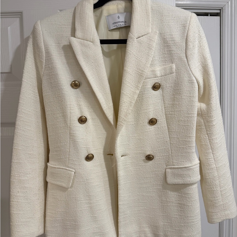 Stradivarius Off-White Double-Breasted Blazer